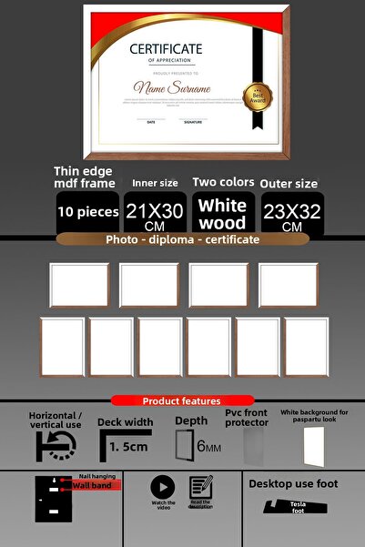 Bytwo 10 bucăți 21x30 cadru - cadru A4 cu șipci subțiri - 2 culori lemn alb - cadru certificat foto