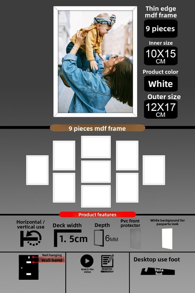 bymat 9 Pieces 10X15 Frame - Fine Slatted Frame - White Frame - 6mm Frame - Photo Frame
