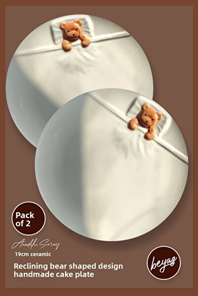 Anadolu Saray White Ceramic 19cm Dessert Handmade Cake Plate - Lying Bear Shaped, Set of 2