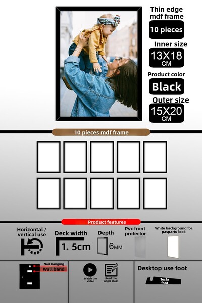 Bytwo 10 bucăți 13x18 rame - rame cu lamele subțiri - rame negre - rame de 6 mm - rame foto