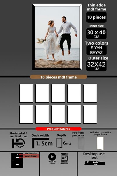 Bytwo 10 Pieces 30X40 Frame - Thin Slatted A3 Frame - 2 Colors Black White - 6mm Photo Frame