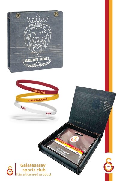 Galatasaray Original Licensed Yellow Red 1905 3-Piece Bracelet Gift Wooden Box