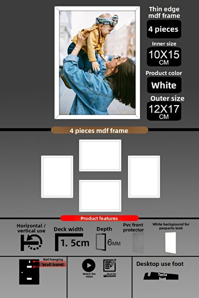 bymat 4 Pieces 10X15 Frame - Fine Slatted Frame - White Frame - 6mm Frame - Photo Frame