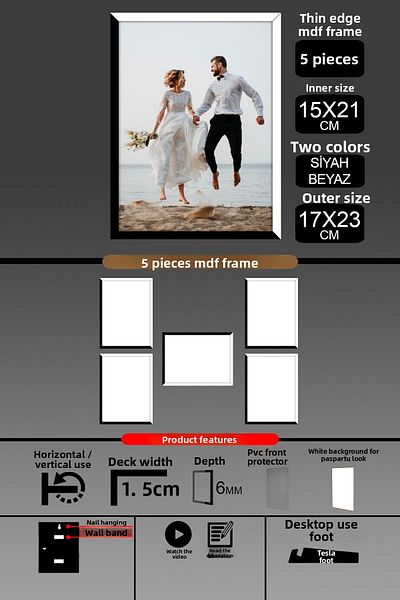 Bytwo 5Pcs 15X21 Frame - Thin Slatted A5 Frame - 2 Colors Black White - 6mm Photo Frame