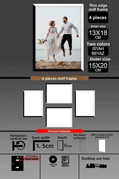 bymat 4Pcs 13X18 Frame - Thin Slatted Frame - 2 Colors Black White - 6mm Frame Photo Frame