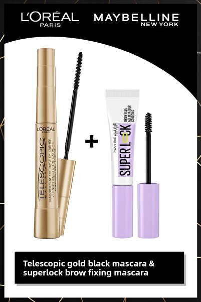 L'Oreal Paris ماسكارا ذهبية تلسكوبية - ماسكارا مثبت للحواجب باللون الأسود وسو...