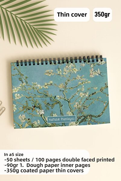 Eldesen Tasarım Weekly Planner A5 Notebook with Flexible Thin Cardboard Cover, 1 Year Planner, Van Gogh Almond Tree