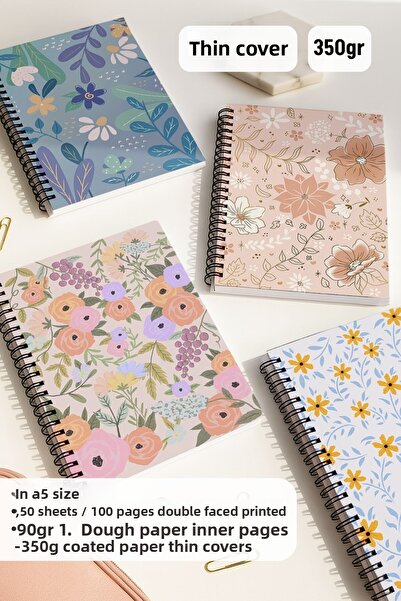 Eldesen Tasarım School Notebook Set with Spiral Dots, A5 Size 50 Sheets 100 Sheets Set of 4, Daisy Set