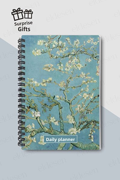 Eldesen Tasarım Daily Planner A5 Notebook, Notes, to Do, Flexible Cardboard Cover, 100 Days, Almond Tree