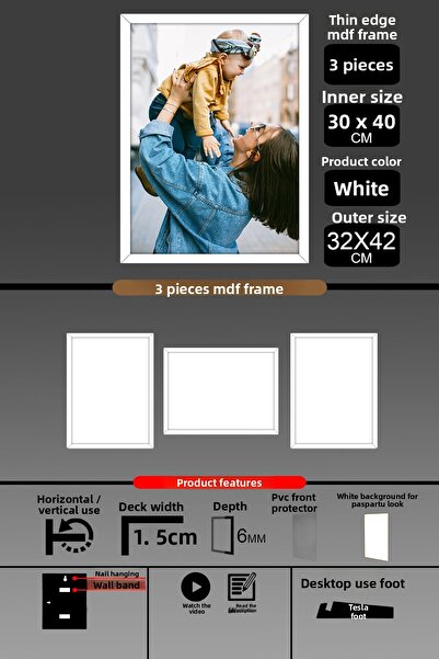 bymat 3 bucăți 30x40 rame - rame A3 cu șipci subțiri - rame albe - 6 mm - rame foto