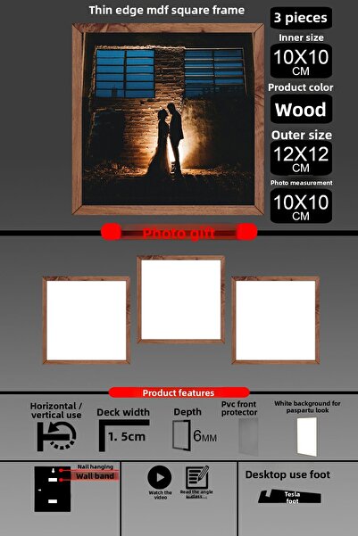 Bytwo 3Pcs 10X10 Frame - Fine Slatted Frame - Wooden Frame - Square Frame - Photo Frame