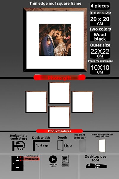 bymat 4 bucăți 20x20 cadru - cadru cu șipci subțiri - 2 culori lemn negru - cadru pătrat rame foto