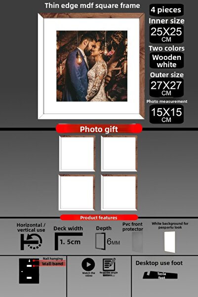 Bytwo 4 Pieces 25X25 Frame - Thin Slatted Frame - 2 Colors White Wood - Square Frame Photo Frame