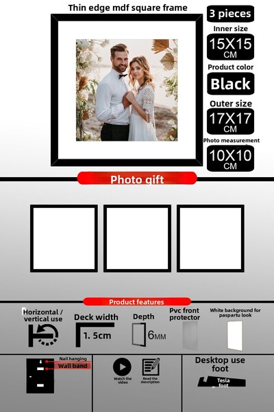 Bytwo 3 bucăți 15x15 cadru - cadru cu șipci subțiri - cadru negru - cadru pătrat - rama foto