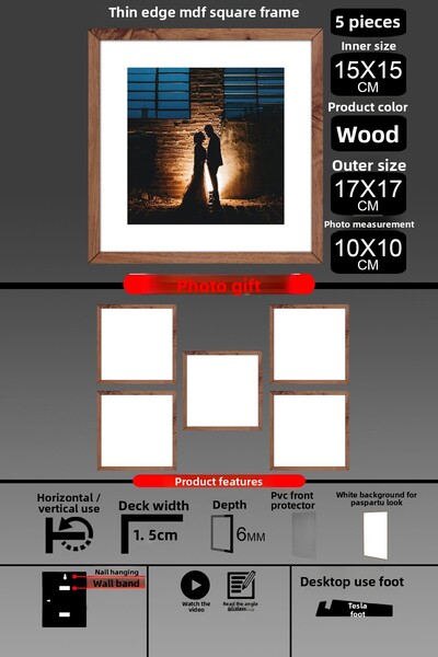 yhfoto 5 Pieces 15X15 Frame - Thin Slatted Frame - Wooden Frame - Square Frame - Photo Frame