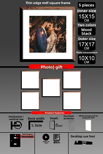 bymat 5 bucăți 15x15 rame - rame subțiri - 2 culori lemn negru - rame pătrate...