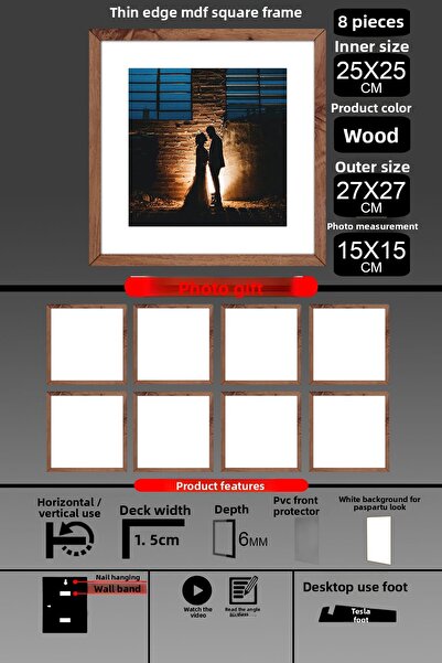 Bytwo 8 Pieces 25X25 Frame - Thin Slatted Frame - Wooden Frame - Square Frame - Photo Frame