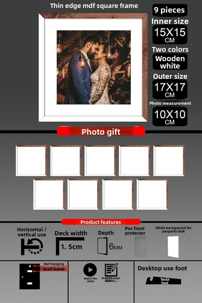 Bytwo 9 Pieces 15X15 Frame - Thin Slatted Frame - 2 Colors White Wood - Square Frame Photo Frame