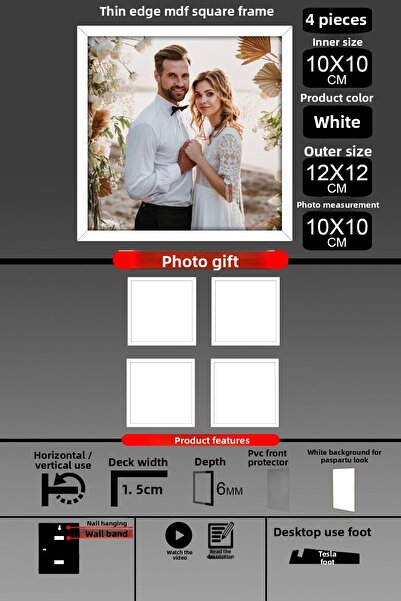 yhfoto 4 bucăți 10X10 Cadru - Cadru cu șipci subțiri - Cadru alb - Cadru pătrat - Ramă foto