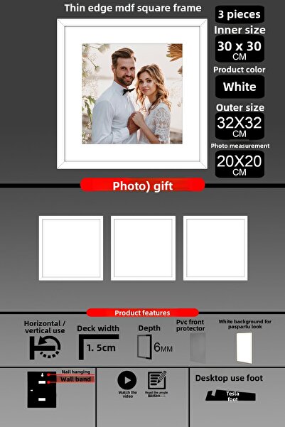 Bytwo 3 Pieces 30X30 Frame - Thin Slatted Frame - White Frame - Square Frame - Photo Frame