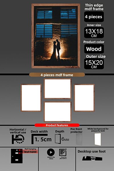 Bytwo 4 bucăți 13x18 rame - rame subțiri - rame din lemn - rame de 6 mm - rame foto