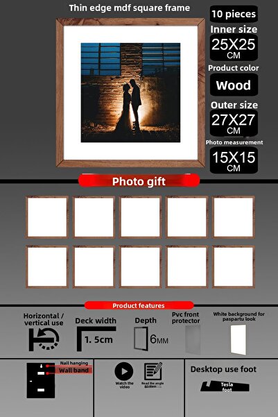 Bytwo 10 bucăți 25x25 cadru - cadru cu șipci subțiri - cadru din lemn - cadru pătrat - rama foto