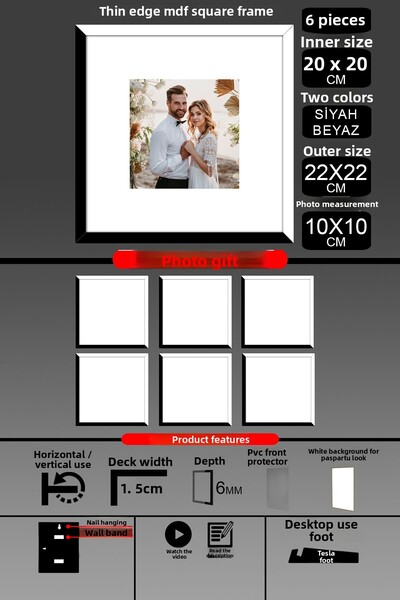 Bytwo 6Pcs 20X20 Frame - Slim Slatted Frame - 2 Colors Black White - Square Frame Photo Frame