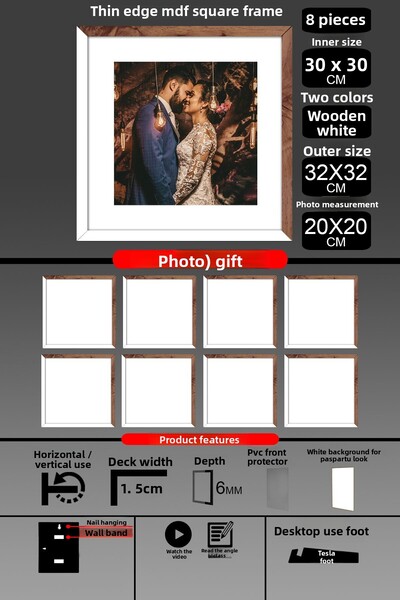 bymat 8 bucăți 30x30 cadru - cadru cu lamele subțiri - 2 culori lemn alb - cadru pătrat rame foto