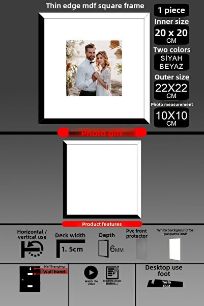 bymat 1Pcs 20X20 Frame - Thin Slatted Frame - 2 Colors Black White - Square Frame Photo Frame