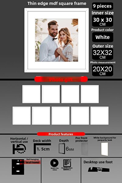 bymat 9 Pieces 30X30 Frame - Thin Slatted Frame - White Frame - Square Frame - Photo Frame