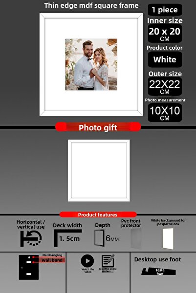 bymat 1 Piece 20X20 Frame - Thin Slatted Frame - White Frame - Square Frame - Photo Frame