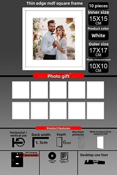 bymat 10 Pieces 15X15 Frame - Thin Slatted Frame - White Frame - Square Frame - Photo Frame