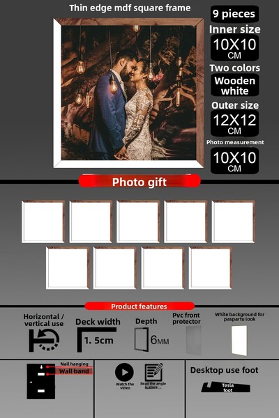 Bytwo 9Pcs 10X10 Frame - Fine Slatted Frame - 2 Colors White Wood- Square Frame Photo Frame