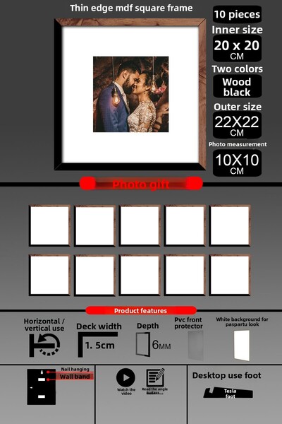 yhfoto 10Pcs 20X20 Frame - Thin Slatted Frame - 2 Colors Wood Black - Square Frame Photo Frame