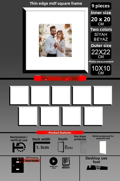 Bytwo 9Pcs 20X20 Frame - Thin Slatted Frame - 2 Colors Black White - Square Frame Photo Frame