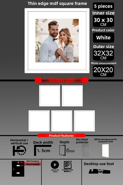 yhfoto 5 Pieces 30X30 Frame - Thin Slatted Frame - White Frame - Square Frame - Photo Frame