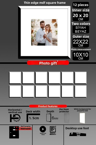 Bytwo 12 Pieces 20X20 Frame - Thin Slatted Frame - 2 Colors Black White - Square Frame Photo Frame