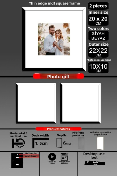 bymat 2Pcs 20X20 Frame - Thin Slatted Frame - 2 Colors Black White - Square Frame Photo Frame