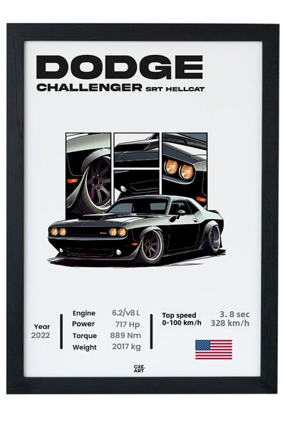 gxe.art Poster de pictură cu cadru negru Dodge Challenger SRT Hellcat