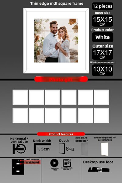 bymat 12 bucăți 15x15 cadru - cadru cu șipci subțiri - cadru alb - cadru pătrat - rama foto