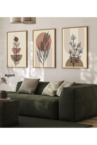 NT Handmade Pictură murală din 3 piese cu frunze boeme cu imprimare UV cu cadru din lemn natural – decor modern și elegant