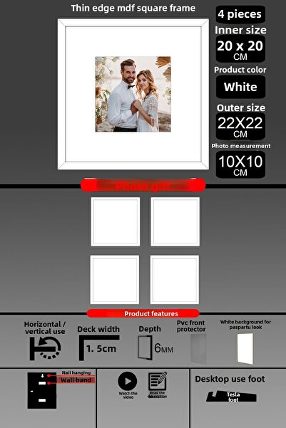 bymat 4 Pieces 20X20 Frame - Thin Slatted Frame - White Frame - Square Frame - Photo Frame