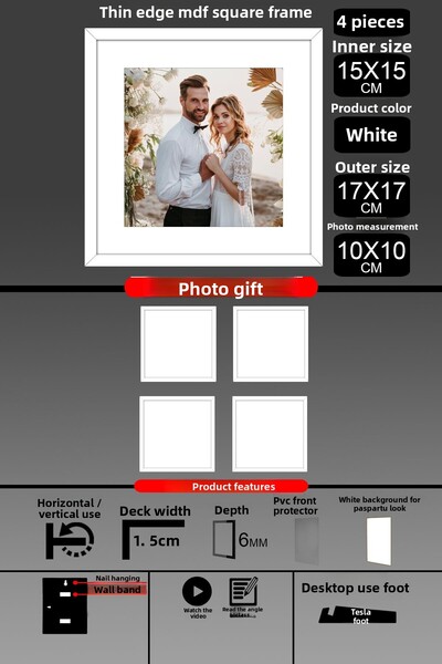 yhfoto 4 Pieces 15X15 Frame - Thin Slatted Frame - White Frame - Square Frame - Photo Frame