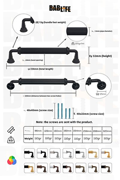 bablife Melis Negru Mat 320mm Mânere de Mobilier Dulap Sertar de Lux