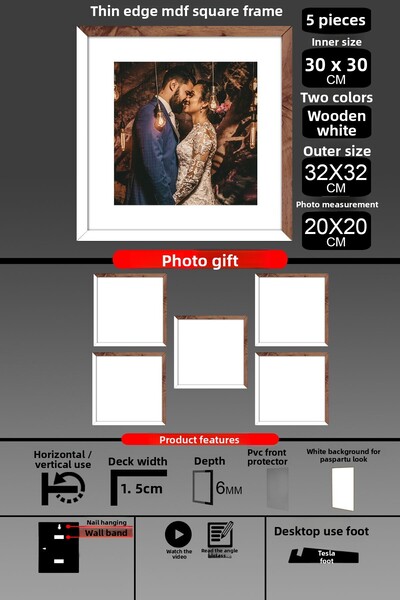 bymat 5 bucăți 30x30 cadru - cadru cu șipci subțiri - 2 culori lemn alb - cad...