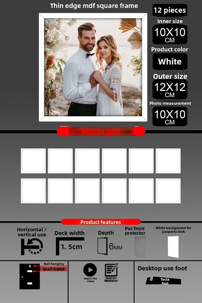 Bytwo 12Pcs 10X10 Frame - Fine Slatted Frame - White Frame - Square Frame - Photo Frame