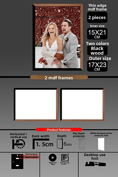 bymat 2Pcs 15X21 Frame - Fine Slatted A5 Frame - 2 Colors Wood Black - 6mm Photo Frame