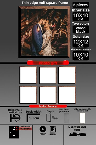 Bytwo 6 bucăți 10X10 cadru - cadru cu lamele subțiri - 2 culori lemn negru - cadru pătrat rame foto