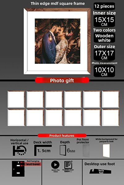 yhfoto 12 bucăți 15x15 cadru - cadru cu șipci subțiri - 2 culori lemn alb - c...