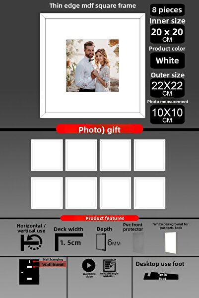 bymat 8 Pieces 20X20 Frame - Thin Slatted Frame - White Frame - Square Frame - Photo Frame